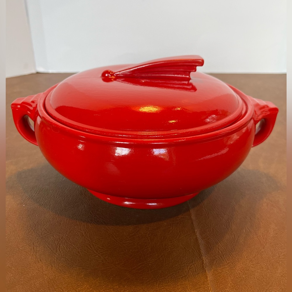 Rare Vintage Hall Sundial Lid Covered Casserole Dish in Chinese Red
